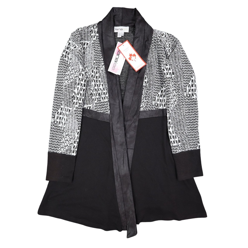 Lana Lee Cardigan Jacket Womens Medium Black White Geometric Open Front NWT